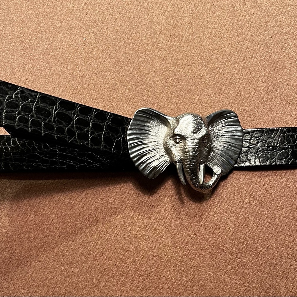 Black Croc-Embossed Belt with Silver Elephant Buckle